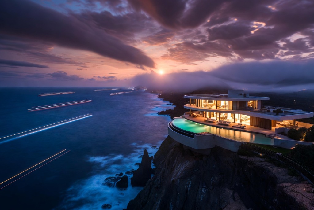 A cliffside view at sunset
