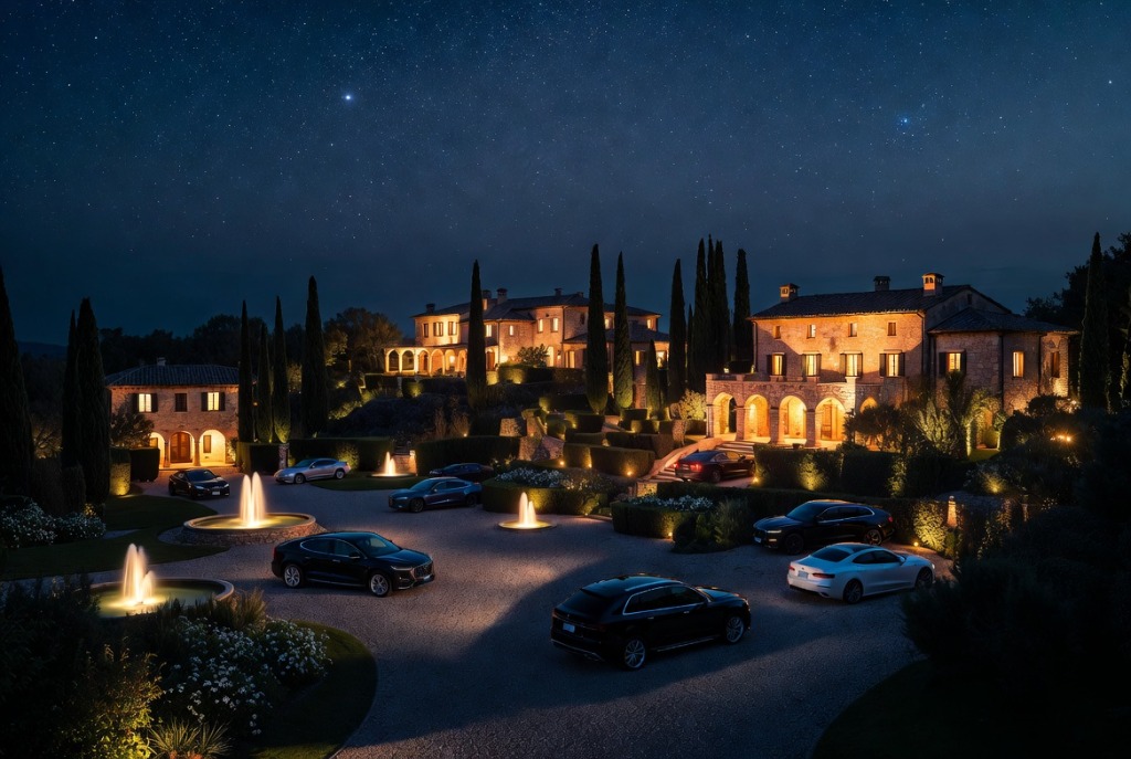 A warmly lit estate at dusk